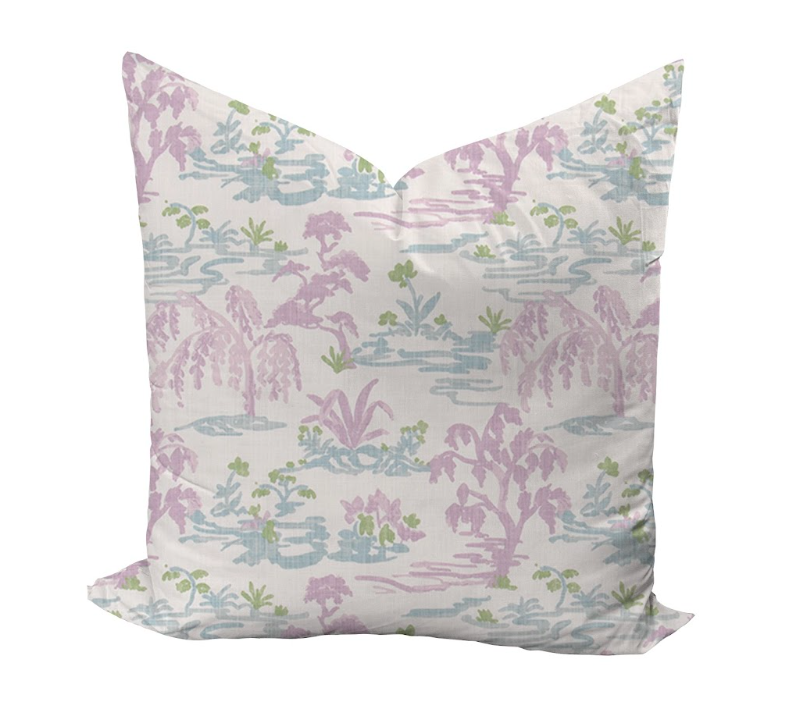 Pillow cover featuring trees and grasslands in blue and orchid