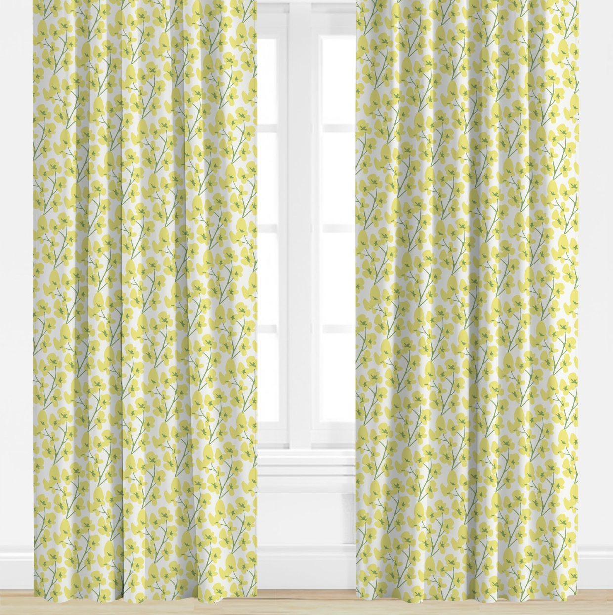 Yellow floral curtains with a white window in the background