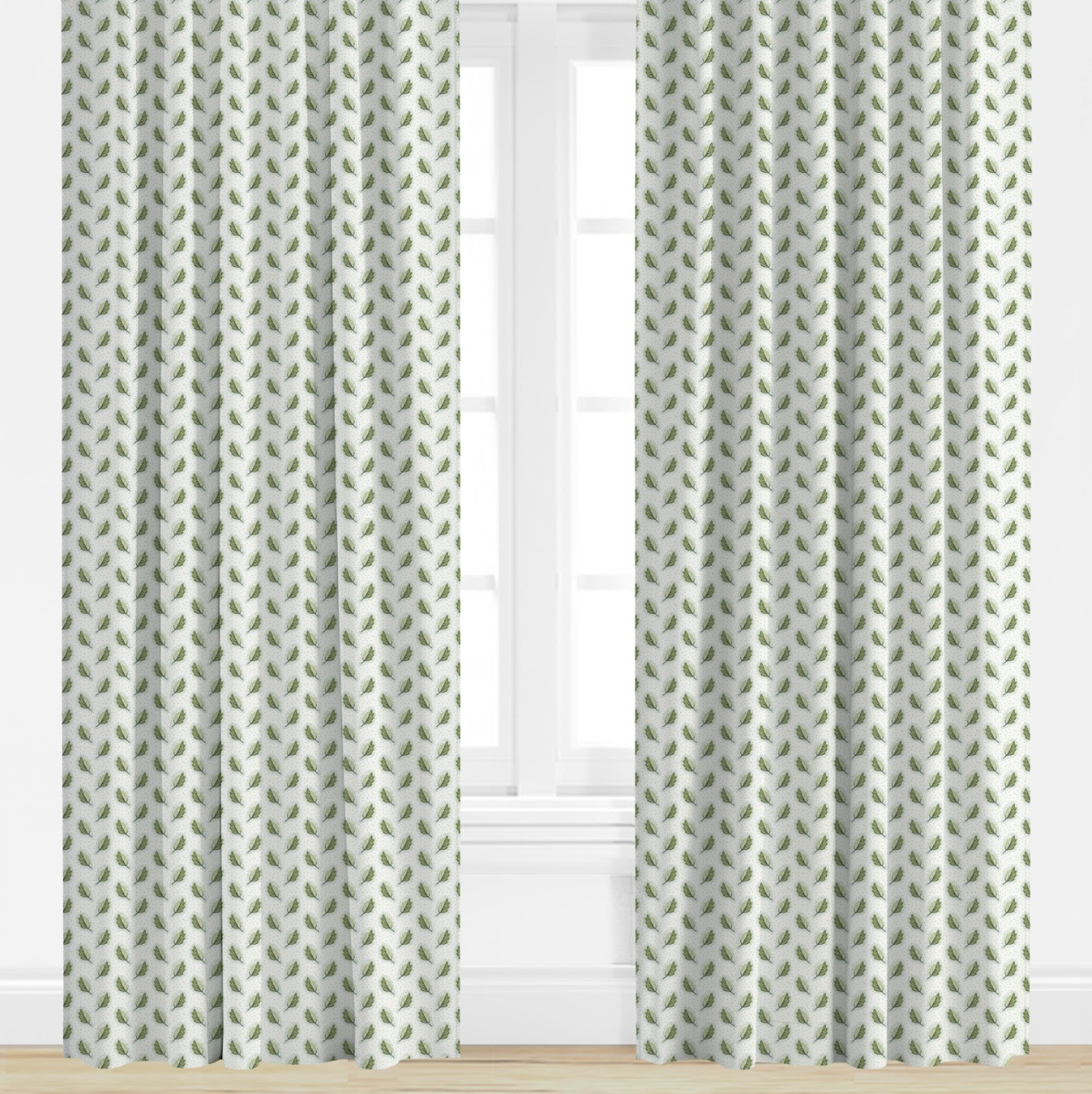 Green, leaf Patterned curtains on a window with a white background