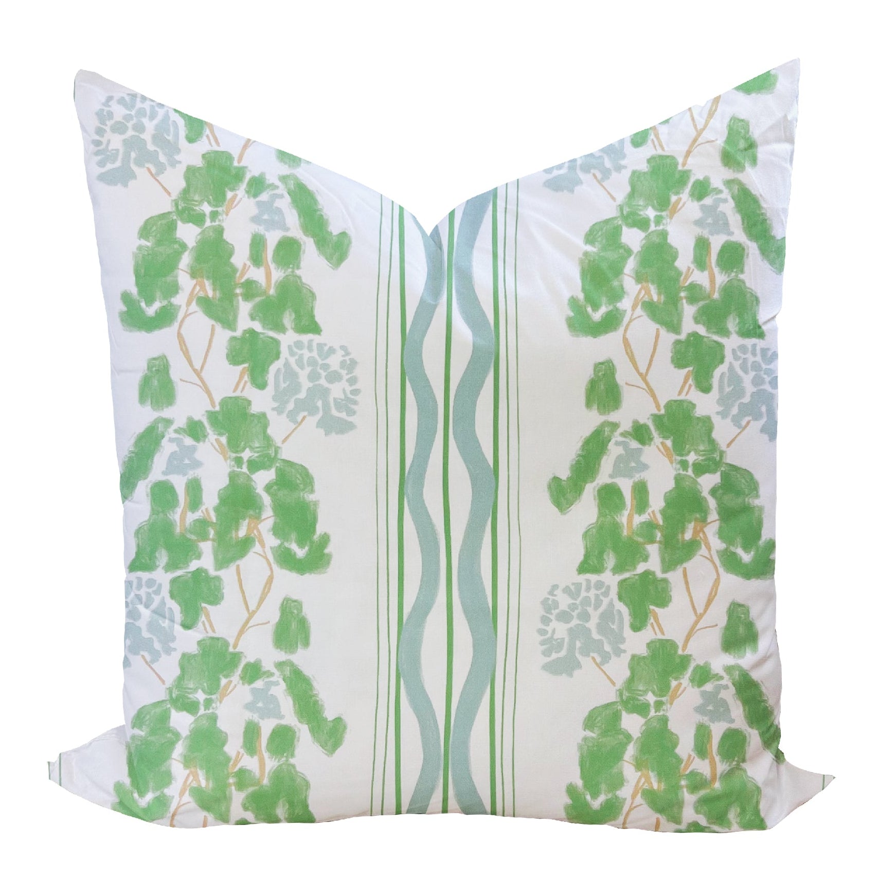 A decorative pillow cover with a floral/botanical design in soft green on a white background, featuring a solid white back.