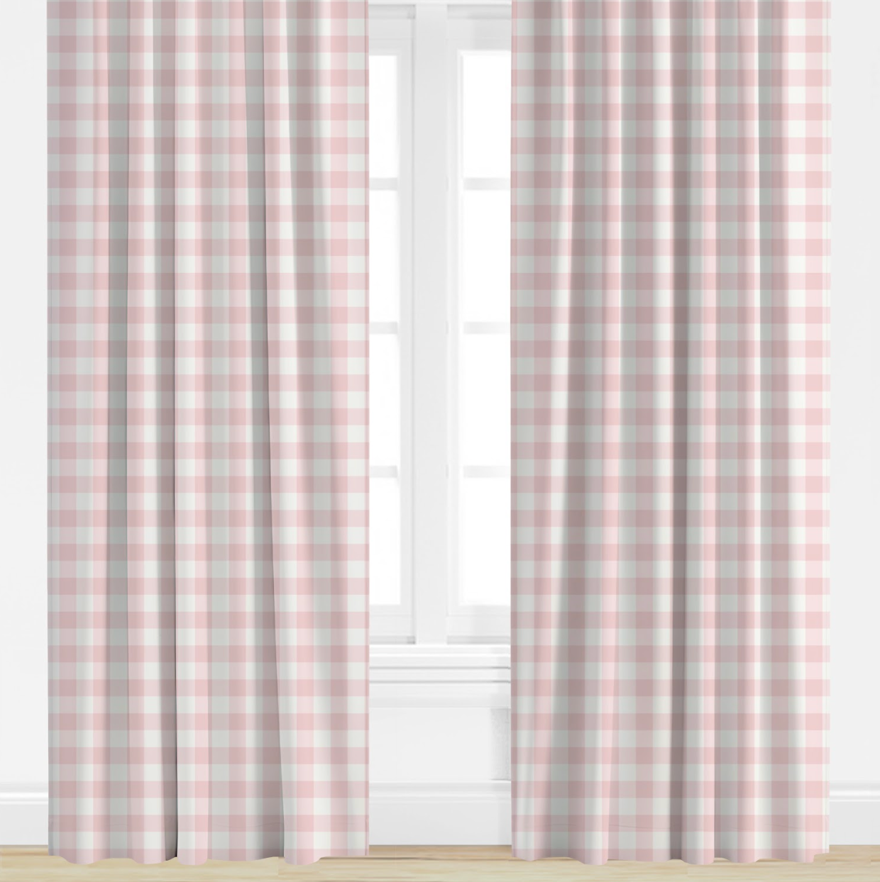 Pink and white checkered curtains on a window with a white background