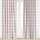 Pink and white checkered curtains on a window with a white background