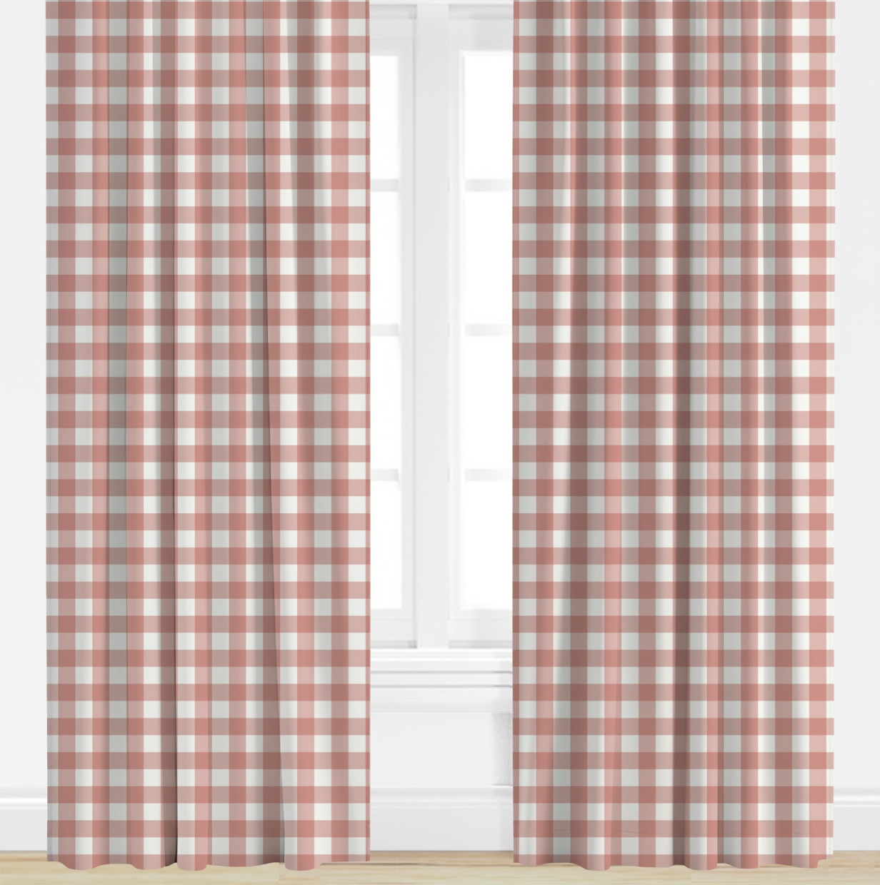 Red and white checkered curtains on a window with a white background