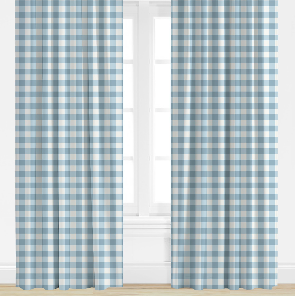 Blue and white checkered curtains on a window