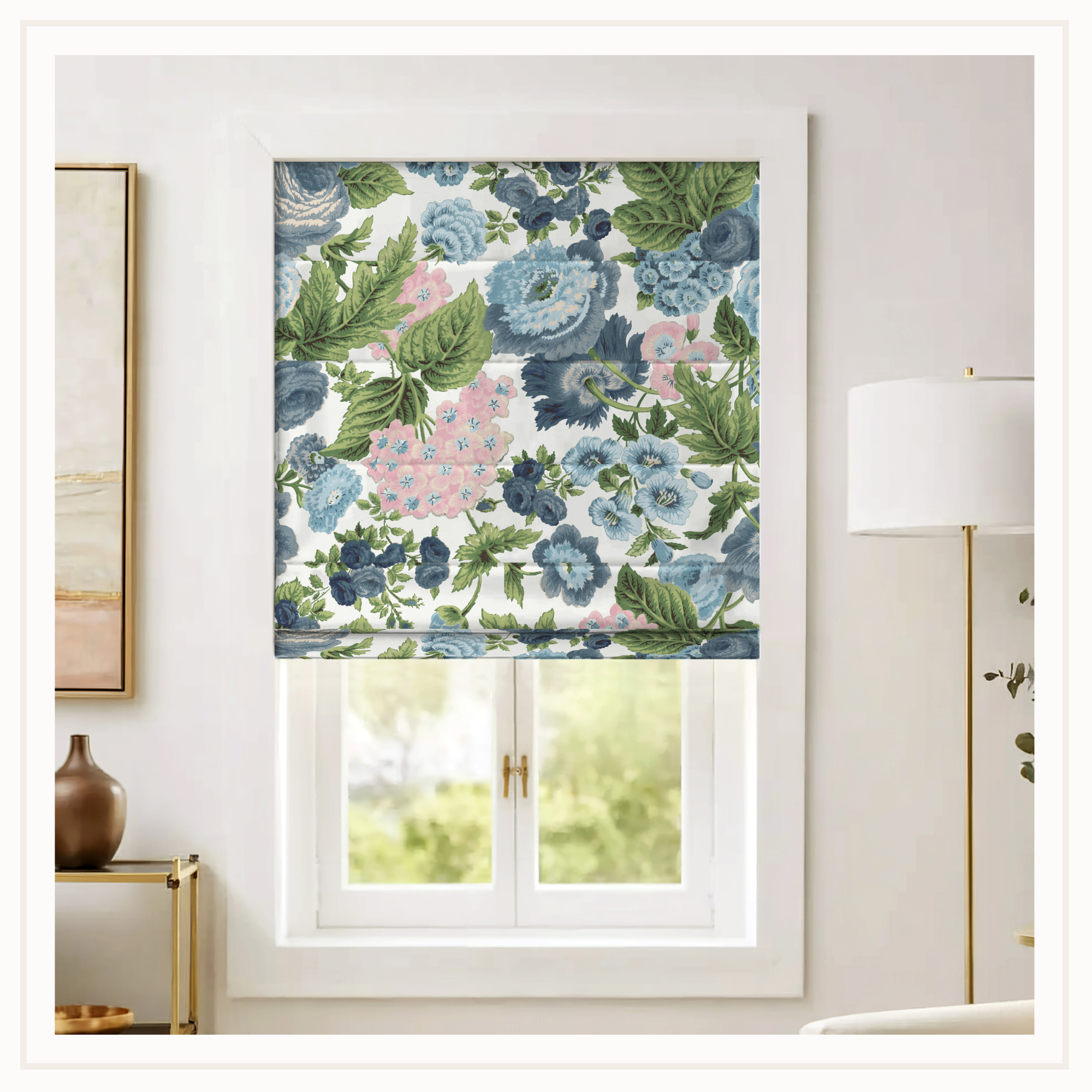 Floral Roman Shade in pink and blue