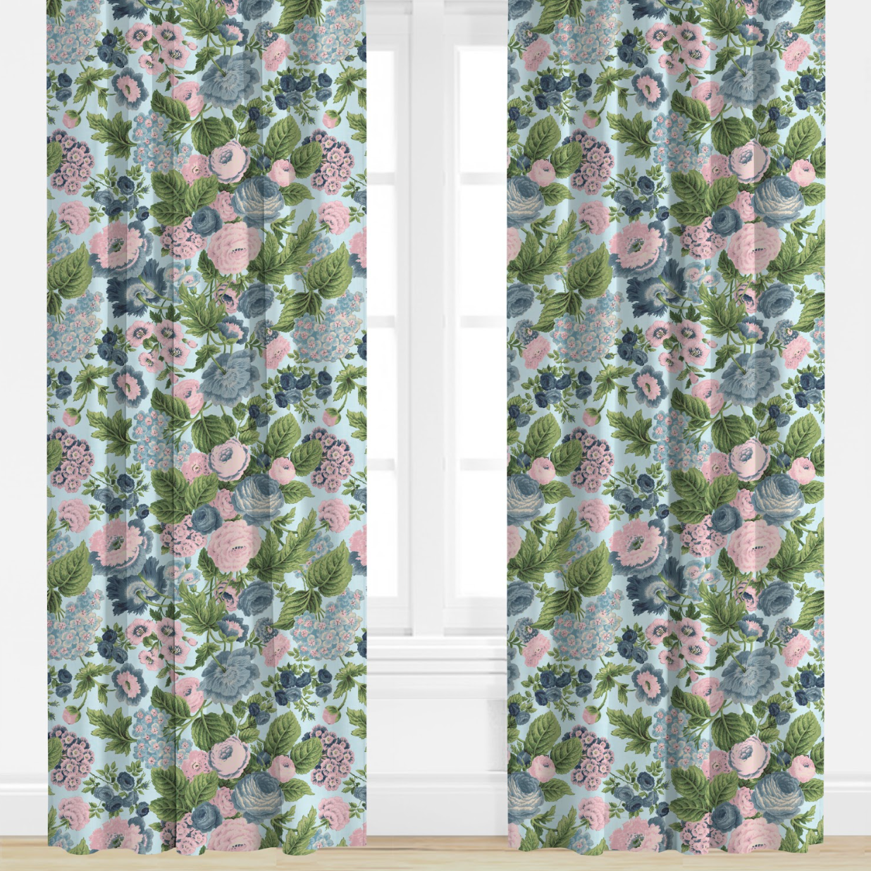 Floral patterned curtains with pink and blue flowers on a light background.