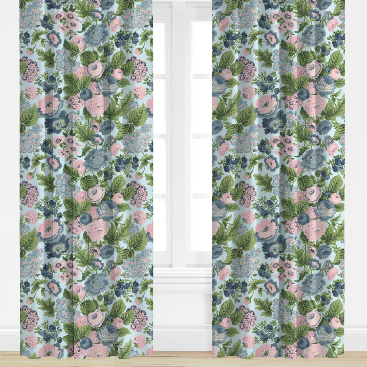 Floral patterned curtains with pink and blue flowers on a light background.