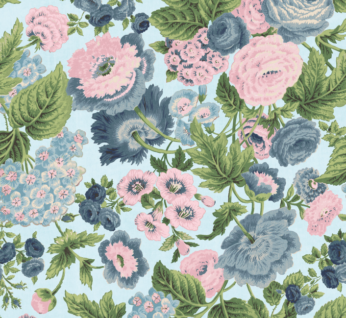A yard of fabric featuring a Martha pattern with a vibrant floral design in pink, blue, and green on a dark background.