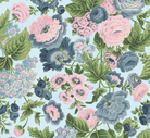 A yard of fabric featuring a Martha pattern with a vibrant floral design in pink, blue, and green on a dark background.