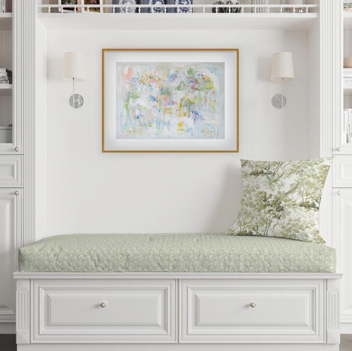 Custom bench cushion in green floral pattern