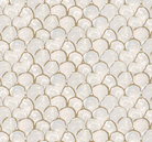 Close-up of beige and white scalloped drapery panel with a textured pattern resembling an oyster shell.